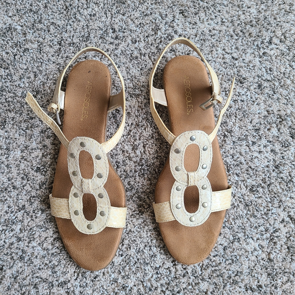 AEROSOLES Cream and Tan Studded Slingback Sandals